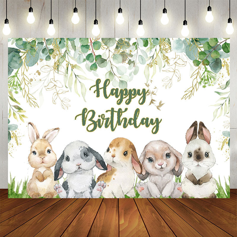 Lofaris Green Leaves Cartoon Rabbit Happy Birthday Backdrop