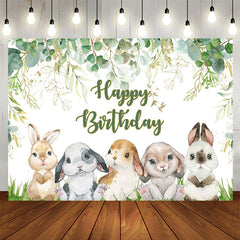 Lofaris Green Leaves Cartoon Rabbit Happy Birthday Backdrop
