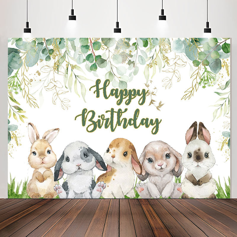 Lofaris Green Leaves Cartoon Rabbit Happy Birthday Backdrop
