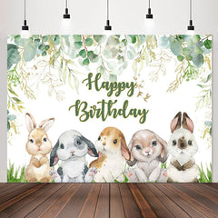 Lofaris Green Leaves Cartoon Rabbit Happy Birthday Backdrop