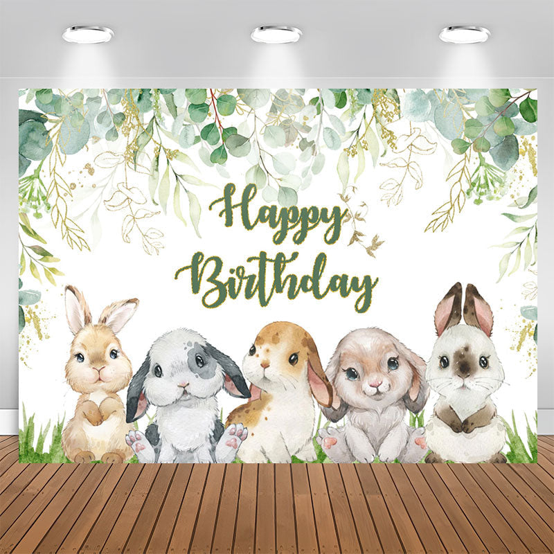 Lofaris Green Leaves Cartoon Rabbit Happy Birthday Backdrop
