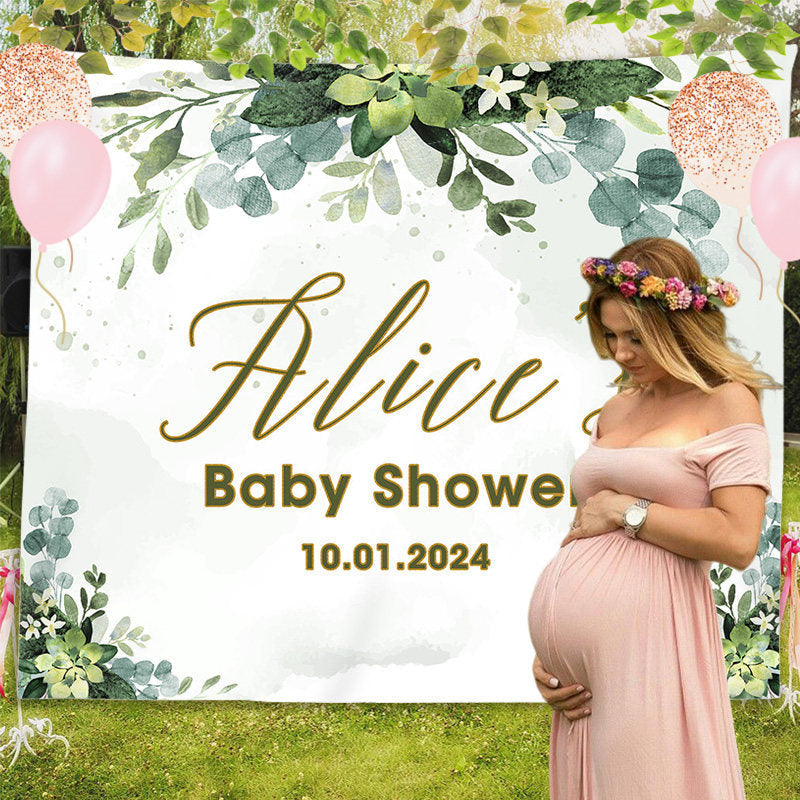 Lofaris Green Leaves Floral Custom Name Baby Shower Backdrop