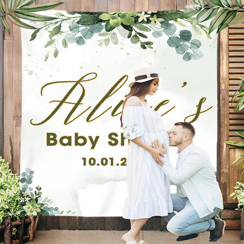Lofaris Green Leaves Floral Custom Name Baby Shower Backdrop