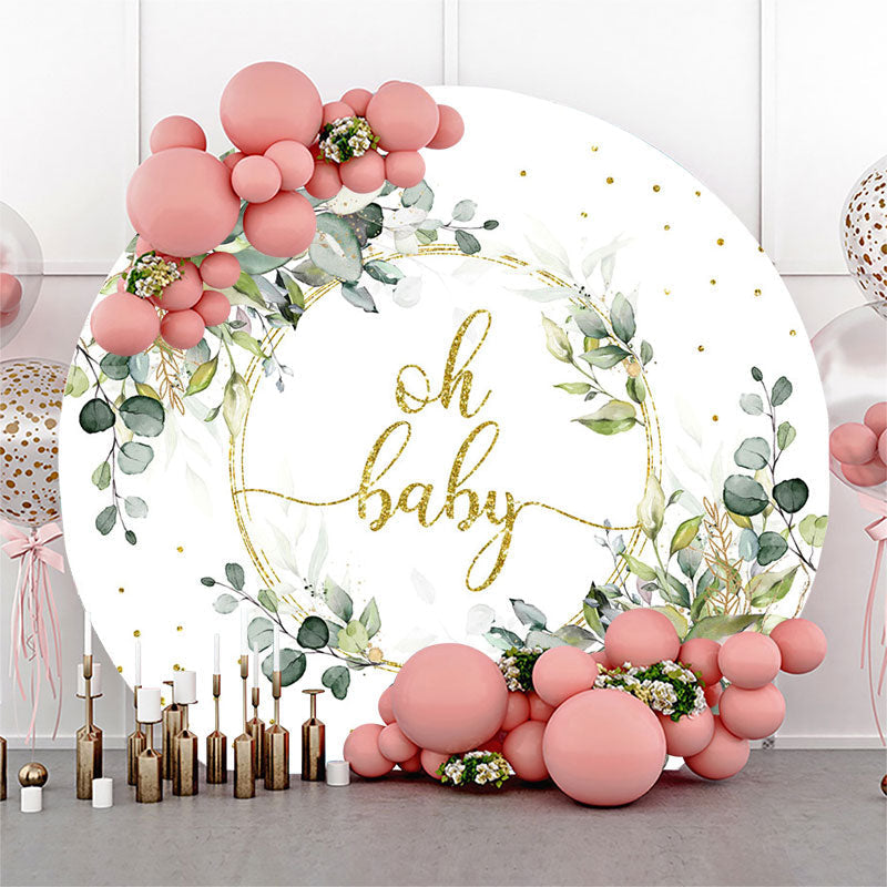 Lofaris Green Leaves Gold Glitter Round Baby Shower Backdrop