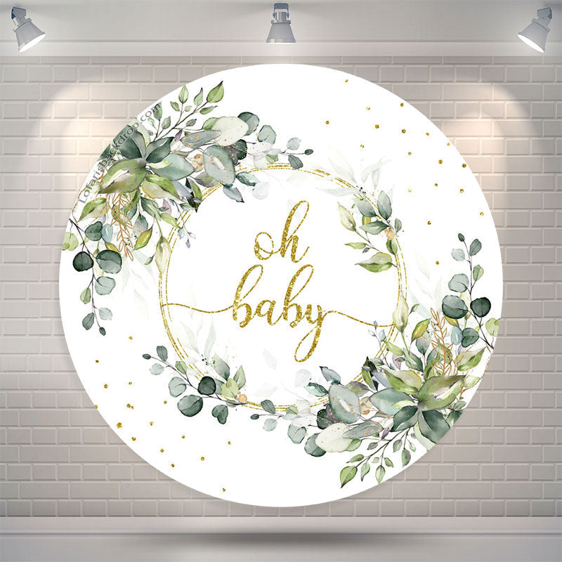 Lofaris Green Leaves Gold Glitter Round Baby Shower Backdrop