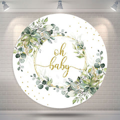 Lofaris Green Leaves Gold Glitter Round Baby Shower Backdrop
