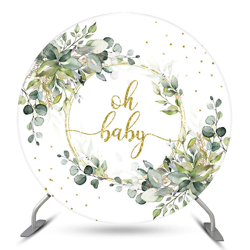 Lofaris Green Leaves Gold Glitter Round Baby Shower Backdrop