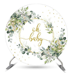 Lofaris Green Leaves Gold Glitter Round Baby Shower Backdrop