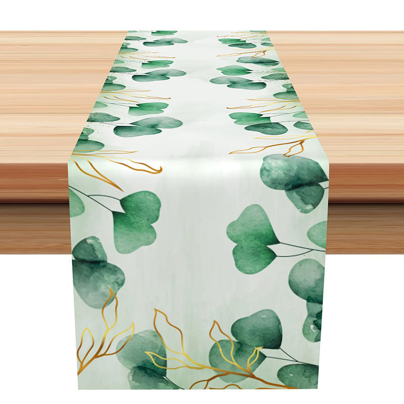 Lofaris Green Leaves Gold Watercolor Fabric Table Runner