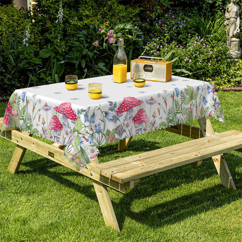 Lofaris Green Leaves Mushroom Floral White Dining Tablecloth