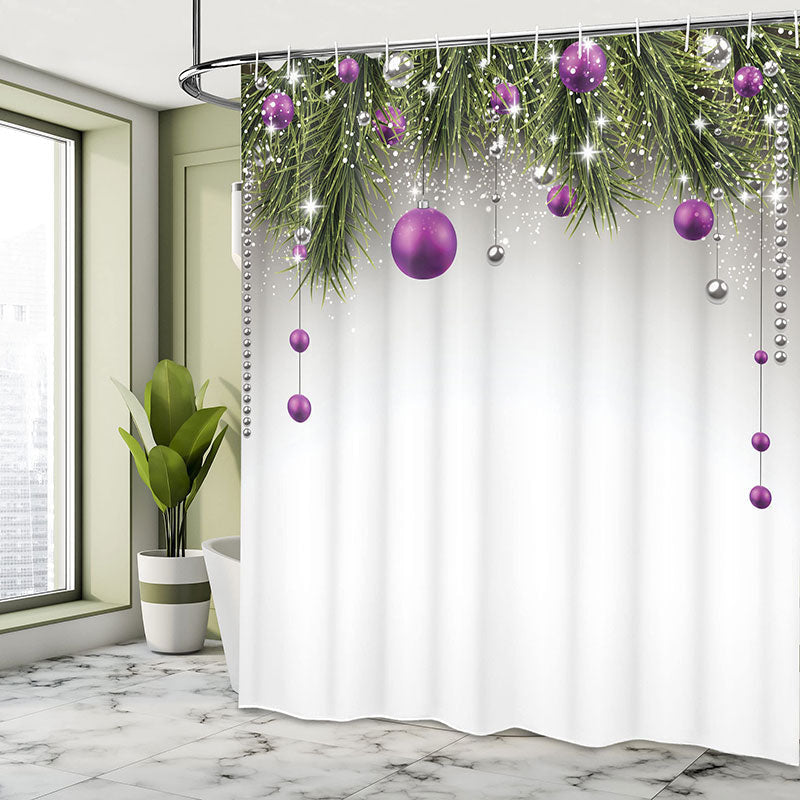 Lofaris Green Leaves Purple Ball Christmas Shower Curtain