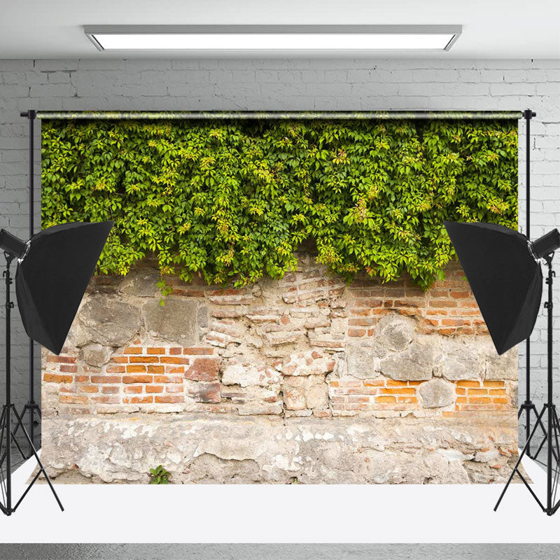 Lofaris Green Leaves Rural Brick Wall Photography Backdrop