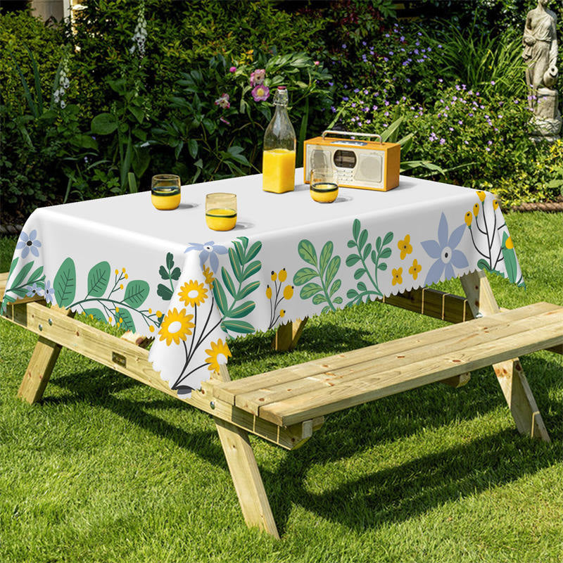 Lofaris Green Leaves Yellow Floral Boho White Kitchen Tablecloth