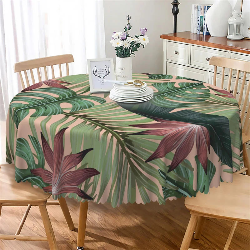 Lofaris Green Monstera Dark Red Leaves Round Tablecloth