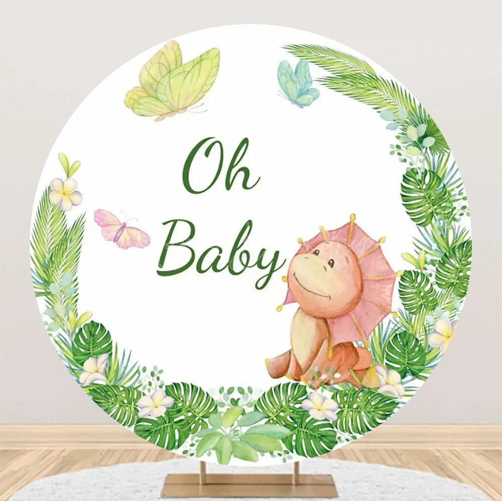 Lofaris Green Monstera Dinosaur Round Baby Shower Backdrop