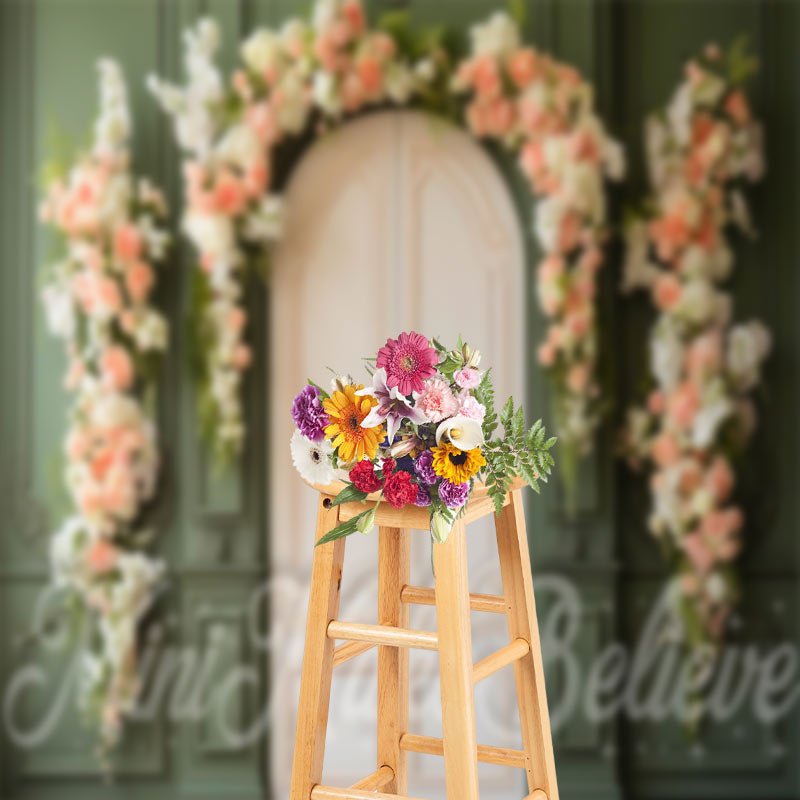Lofaris Green Palace Wall Door Pink White Floral Backdrop