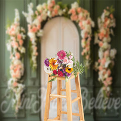 Lofaris Green Palace Wall Door Pink White Floral Backdrop