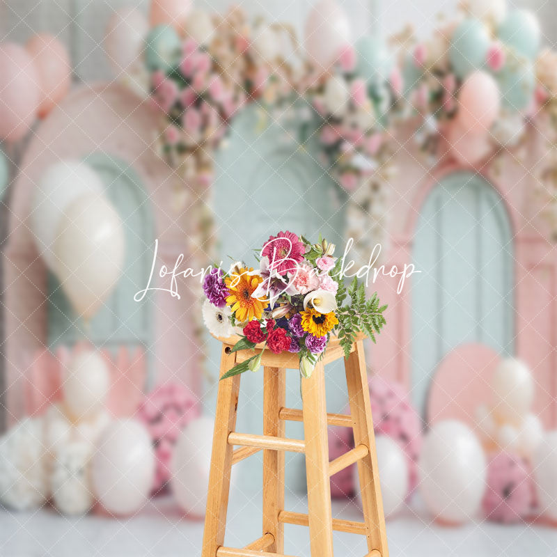 Lofaris Green Pink Balloons Floral Cake Smash Photo Backdrop