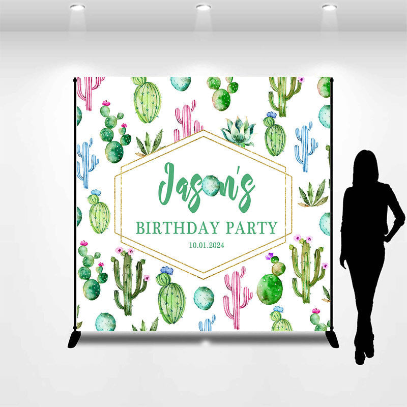 Lofaris Green Pink Blue Cactus Custom Birthday Backdrop