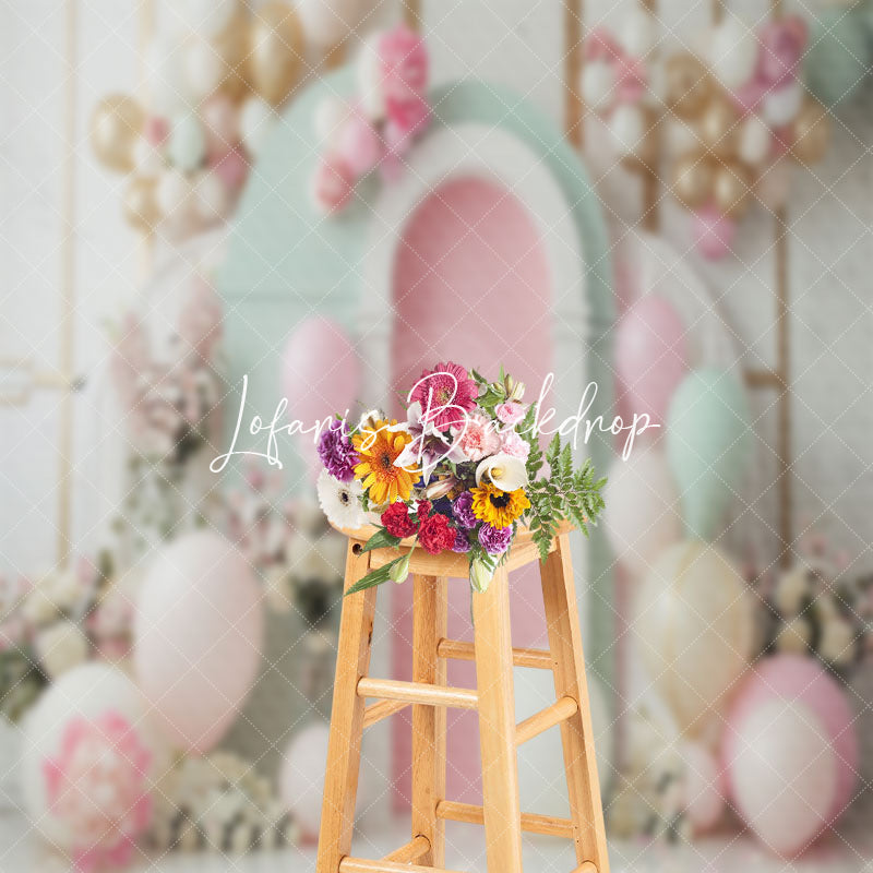 Lofaris Green Pink White Balloons Floral Cake Smash Backdrop