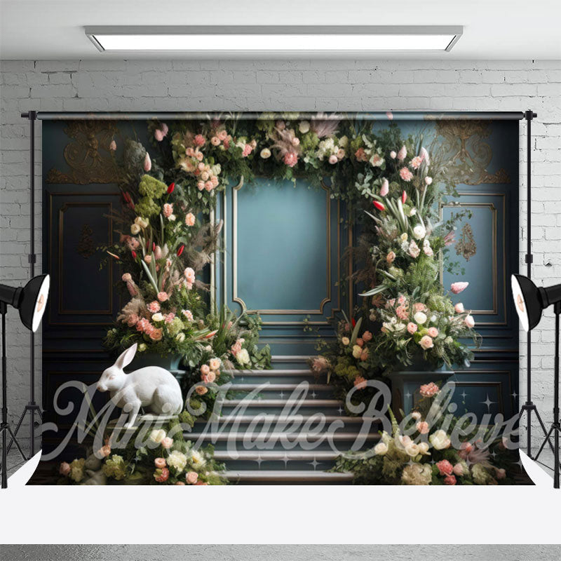 Lofaris Green Plant Flowers Rabbit Sculpture Easter Backdrop