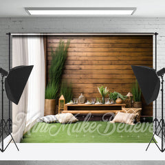 Lofaris Green Plant Vase Window Wooden Wall Spring Backdrop