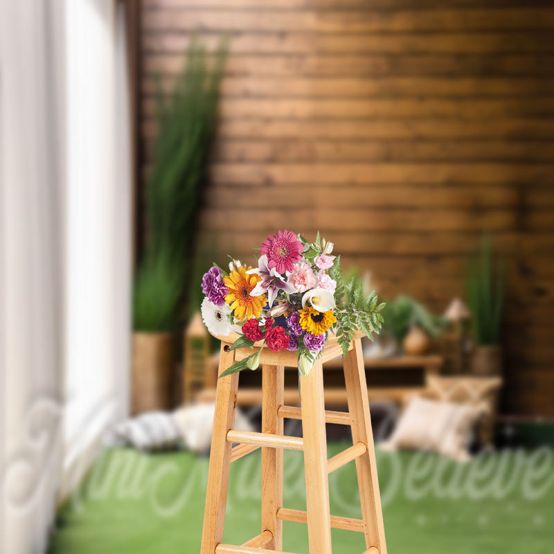 Lofaris Green Plant Vase Window Wooden Wall Spring Backdrop