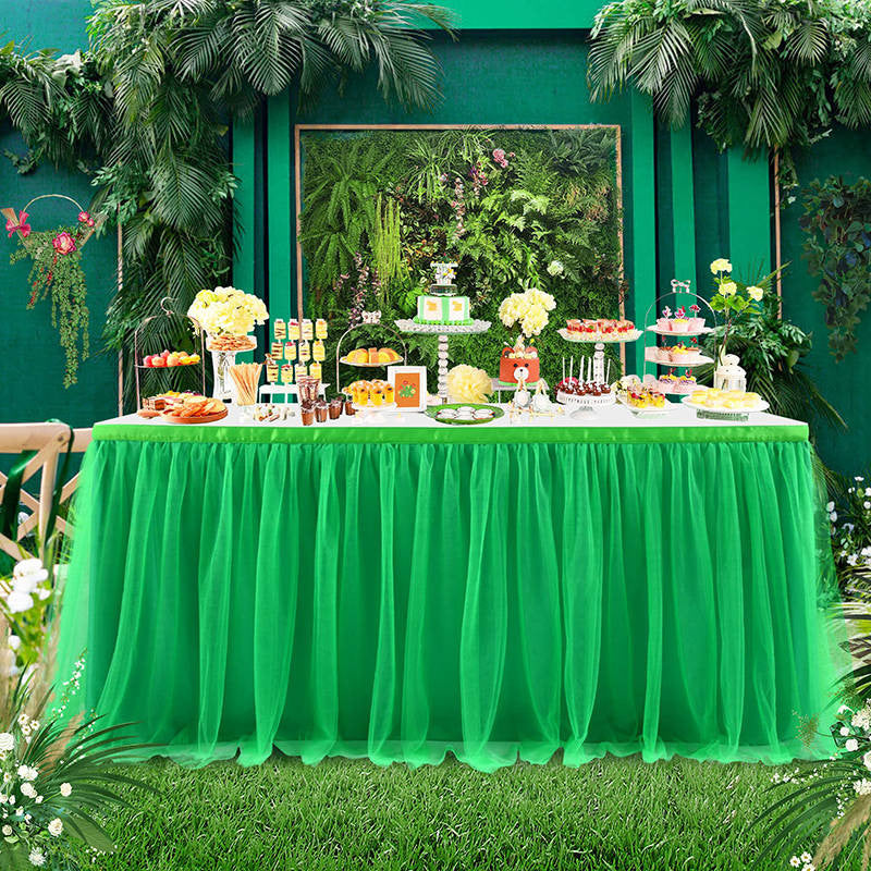 Lofaris Green Rectangle Tulle Ruffle Banquet Table Skirt