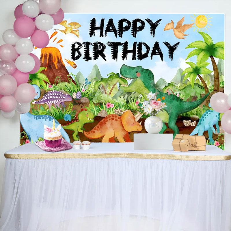 Lofaris Green Trees Dinosaur Volcanic Birthday Backdrop