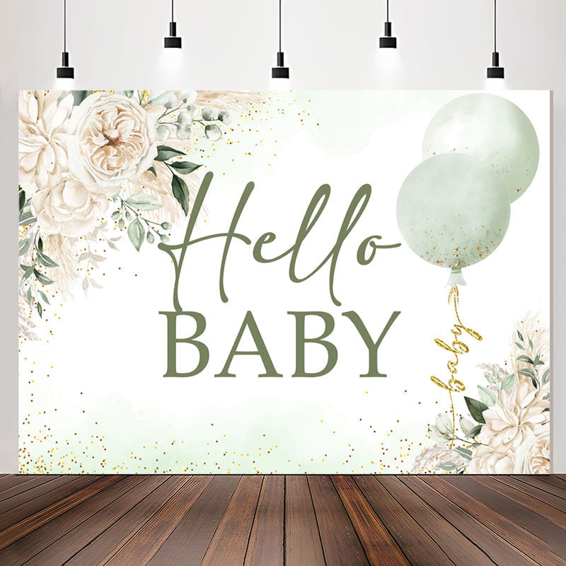 Lofaris Green White Floral Balloon Hello Baby Shower Backdrop