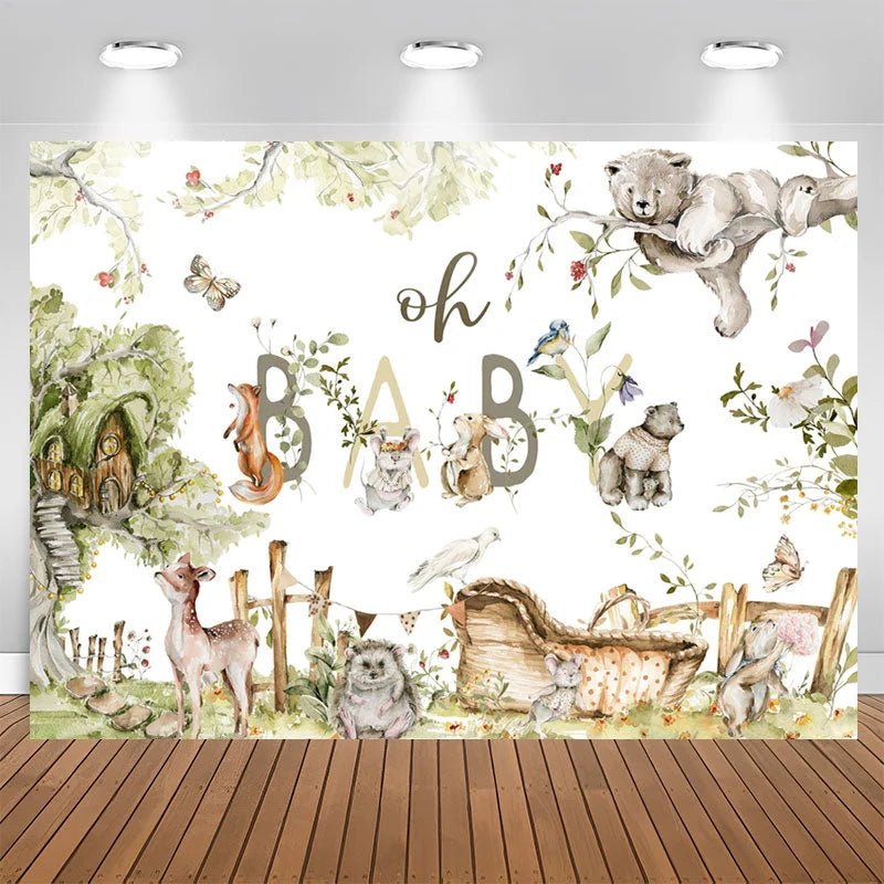 Lofaris Green Woodland Wild Floral Baby Shower Backdrop