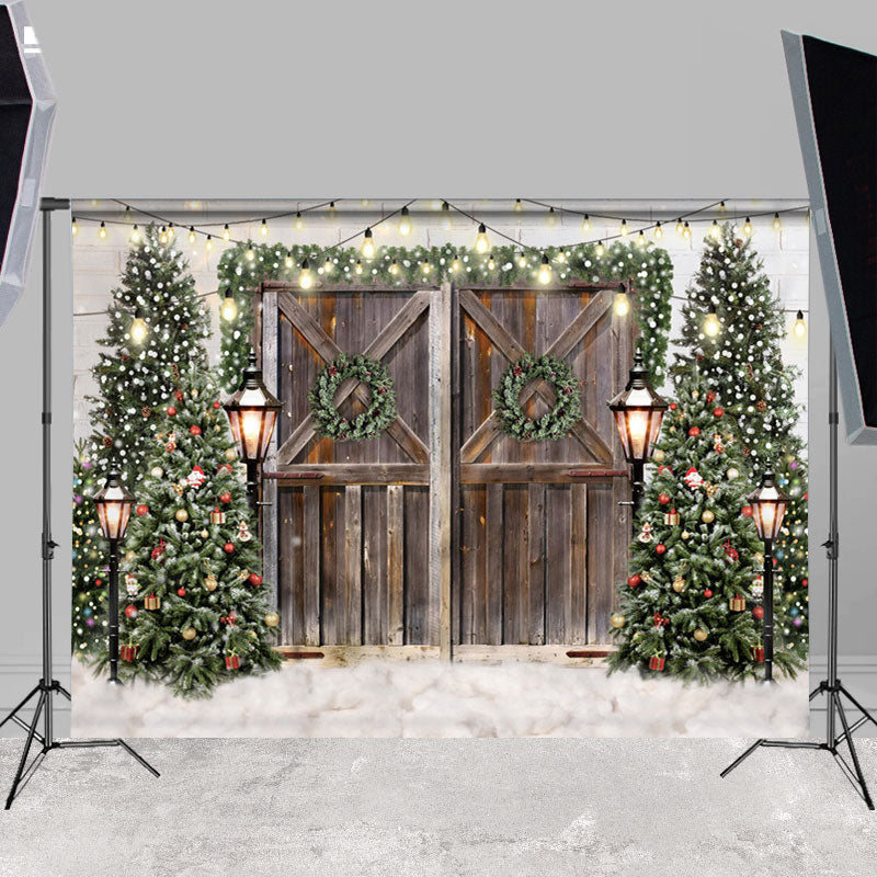 Lofaris Green Wreath Tree Stripe Wooden Winter Party Backdrop