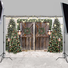 Lofaris Green Wreath Tree Stripe Wooden Winter Party Backdrop