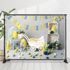 Lofaris Green Yellow Bunny Eggs Trolley Easter Backdrop