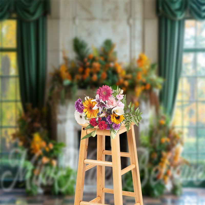Lofaris Greenery Retro Floral Fireplace Cake Smash Backdrop