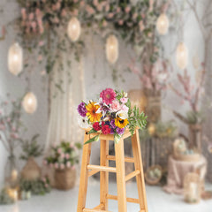 Lofaris Grey Pinkish Floral Woven Lantern Easter Backdrop