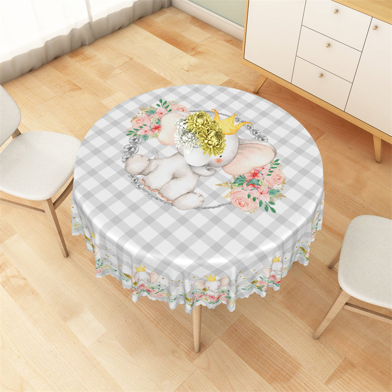 Lofaris Grey White Plaid Elephant Flower Round Tablecloth