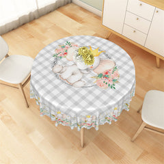 Lofaris Grey White Plaid Elephant Flower Round Tablecloth
