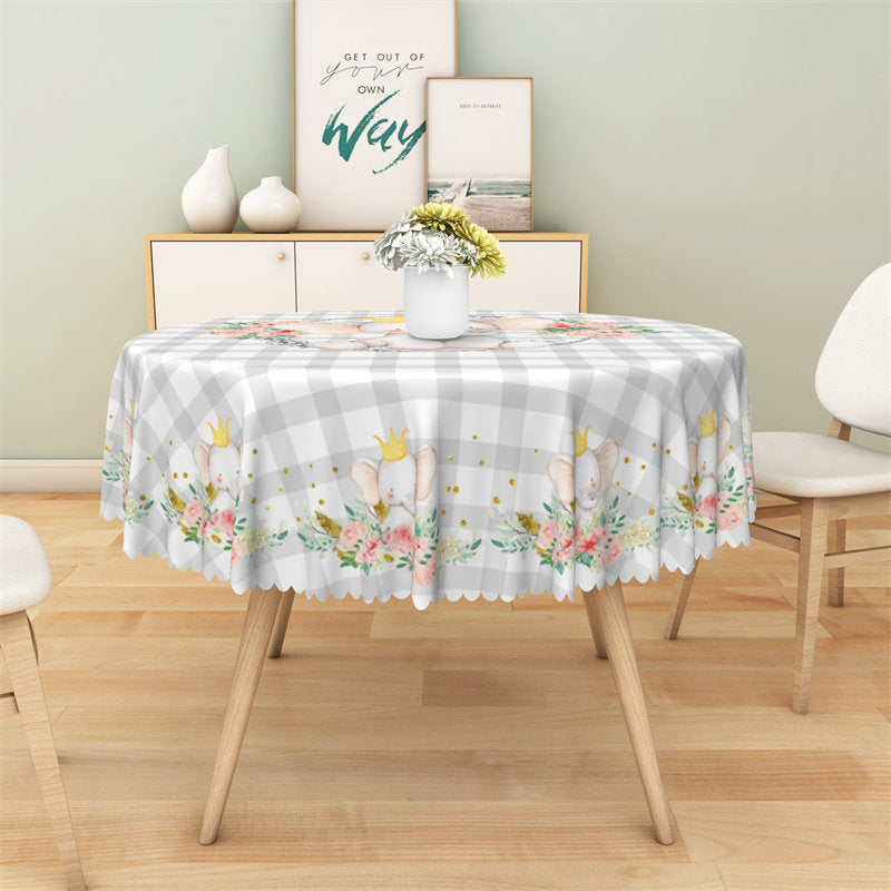 Lofaris Grey White Plaid Elephant Flower Round Tablecloth