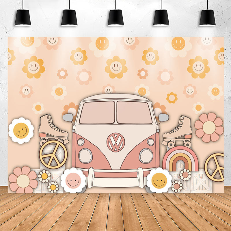 Lofaris Groovy Flowers Bus Roller Skates Birthday Backdrop