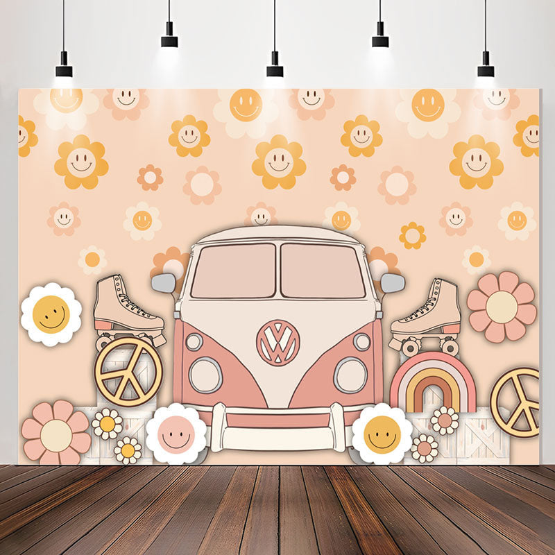 Lofaris Groovy Flowers Bus Roller Skates Birthday Backdrop