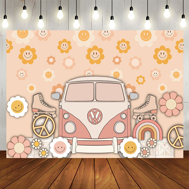 Lofaris Groovy Flowers Bus Roller Skates Birthday Backdrop