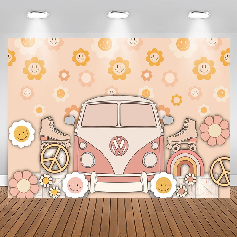 Lofaris Groovy Flowers Bus Roller Skates Birthday Backdrop