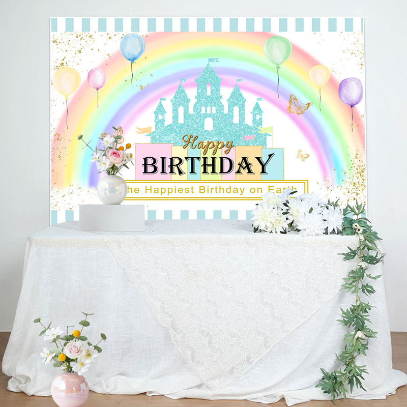 Lofaris Happiest Birthday On The Earth Rainbow Castle Backdrop