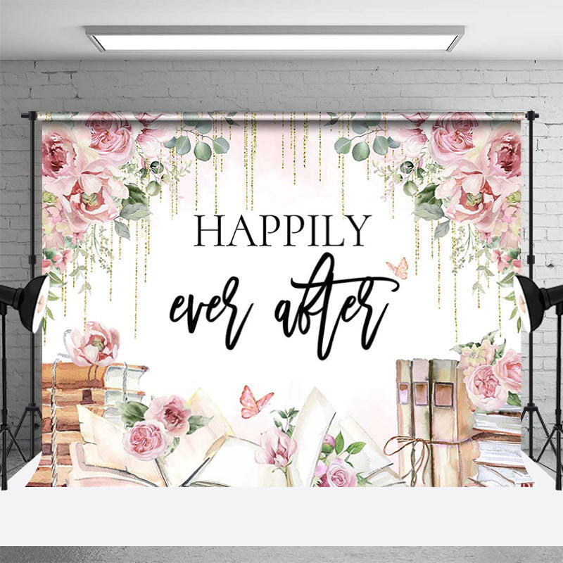Lofaris Happily Ever After Floral Books Backdrop For Wedding