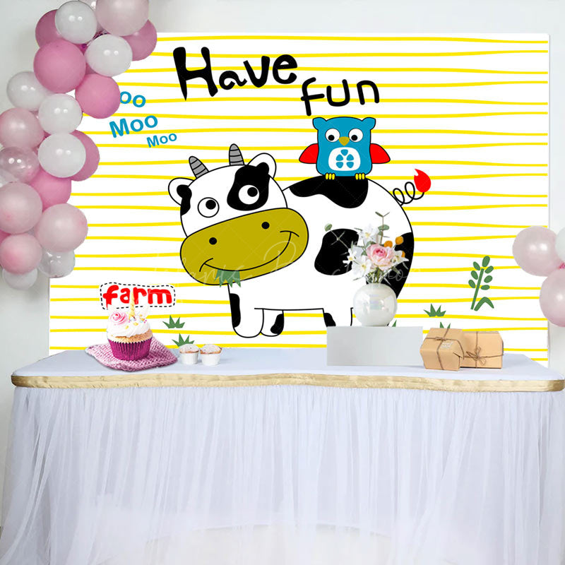 Lofaris Have Fun Cute Cow Owl Farm Stripe Birthday Backdrop