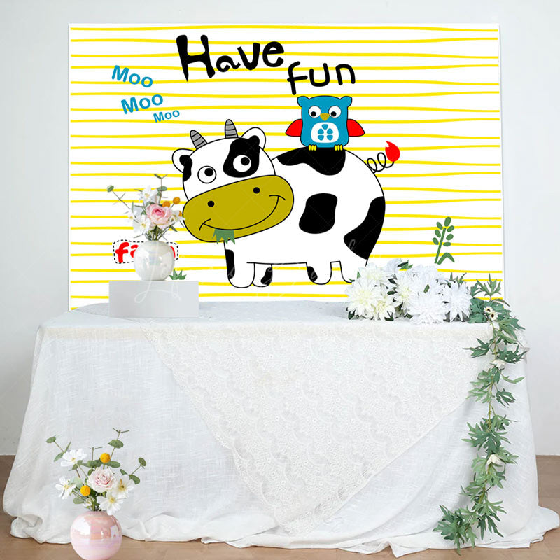 Lofaris Have Fun Cute Cow Owl Farm Stripe Birthday Backdrop