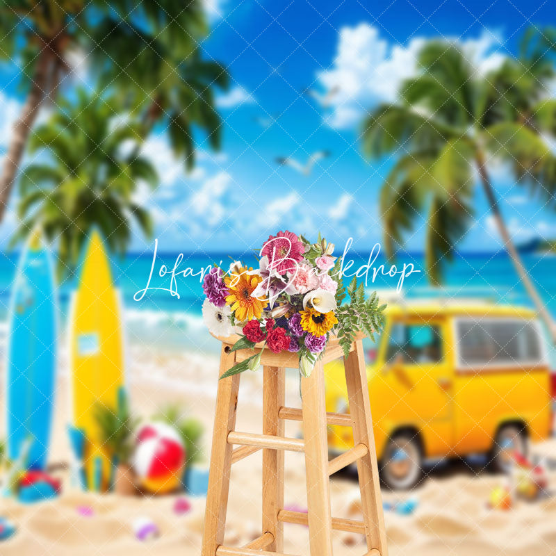 Lofaris Hawaii Beach Blue Sky Bus Surfboard Summer Backdrop