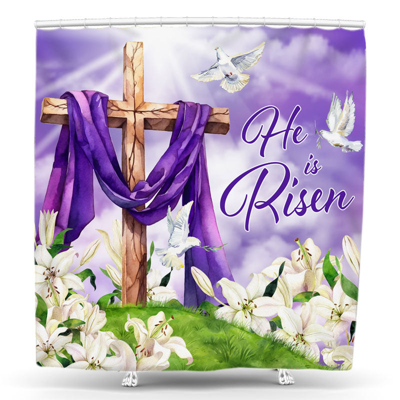 Lofaris He Is Risen Cross Purple Sky Dove Lily Shower Curtain
