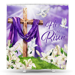 Lofaris He Is Risen Cross Purple Sky Dove Lily Shower Curtain